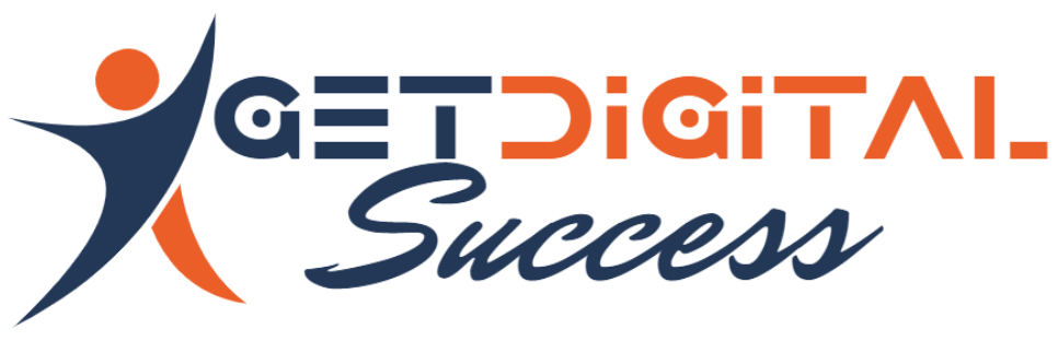 This is the logo and shows a happy person with dark blue and orange colors and text says Get Digital Success with same colors
